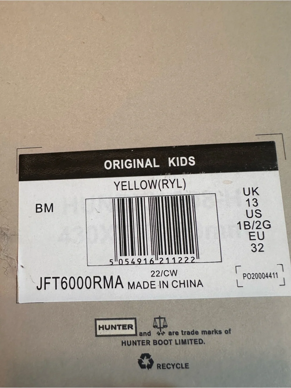 Hunter Original Kids Yellow Waterproof Rain Boots US 1B/2G EU 32